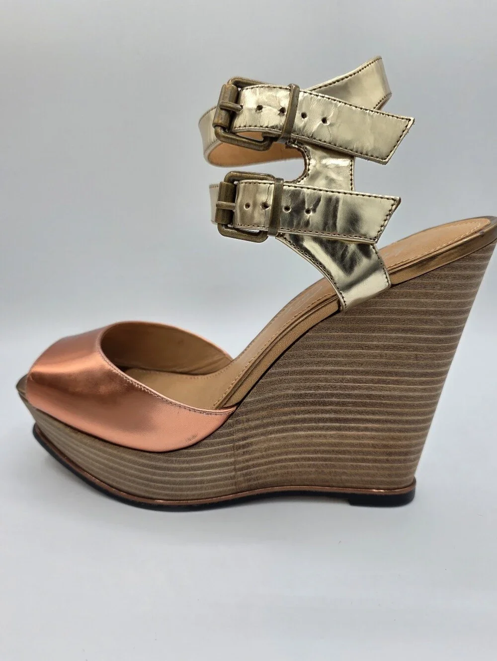 Kenneth‎ Cole Metallic Platform Wedge Sandals Gold Copper Leather 9